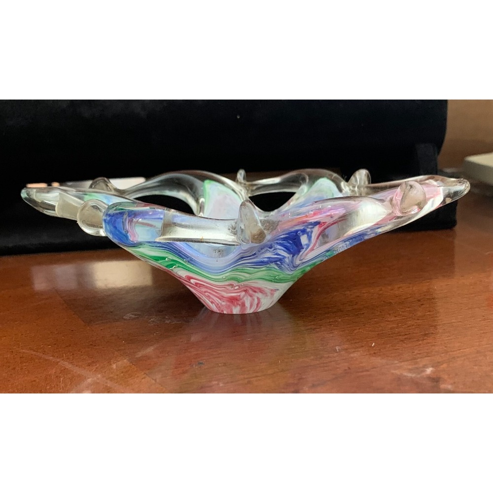 Vintage‎ Unmarked Art Glass Trinket Dish Multicolor Swirl 6 x 4